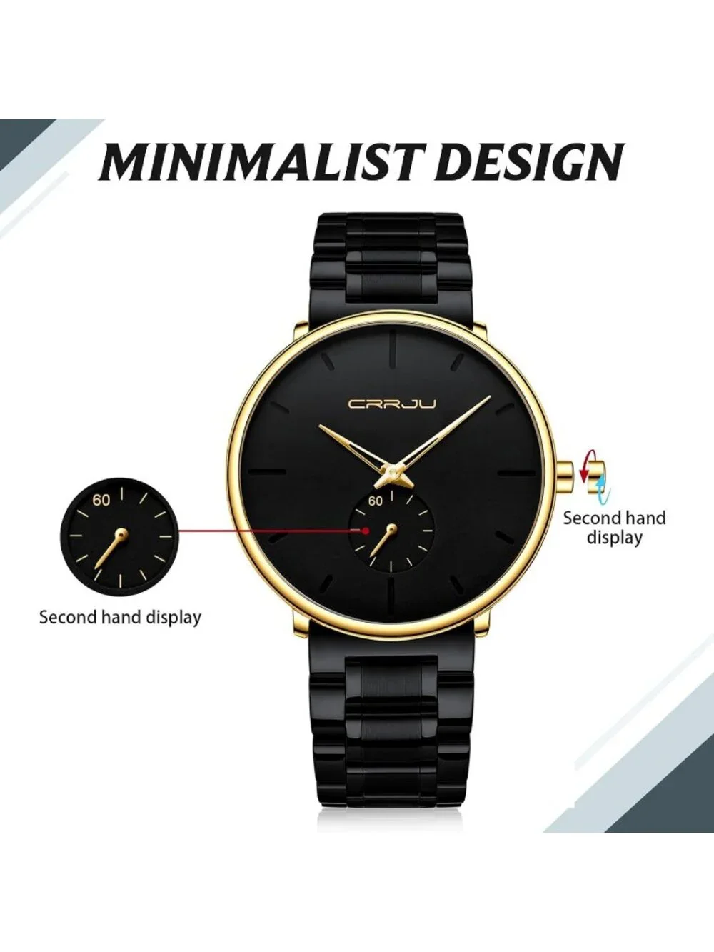 Unisex Black Gold Ultra-Thin Minimalist Waterproof Stainless Steel Band Watch